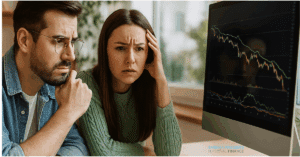 perplexed couple looking at long term investment strategy graph on computer