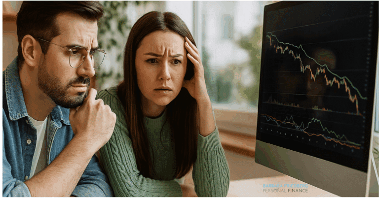 perplexed couple looking at long term investment strategy graph on computer
