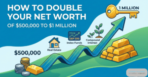 how to double your net worth image of upward graph with index funds, compounding, real estate